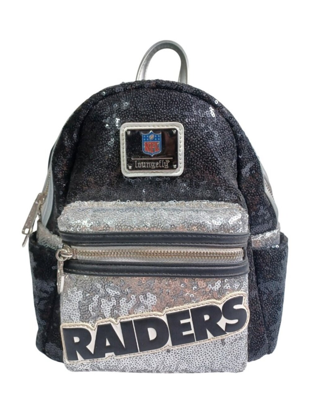 NWT Loungefly NFL Las Vegas Raiders Black Silver Sequin Bling Mini Backpack - Picture 2 of 8